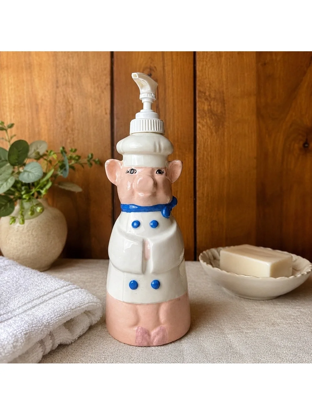 Vintage Ceramic Pig Chef Soap Dispenser 9” Tall Whimsical Kitchen Bathroom Decor